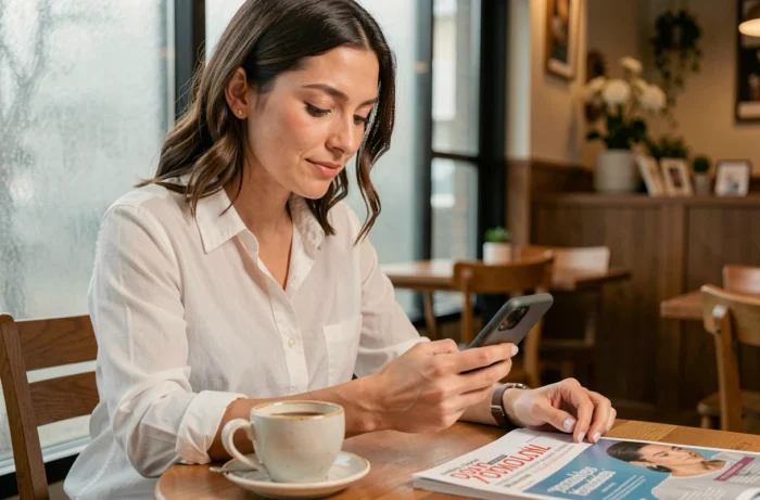 Jeune femme gérant son abonnement Psychologies sur smartphone dans un café avec un magazine papier