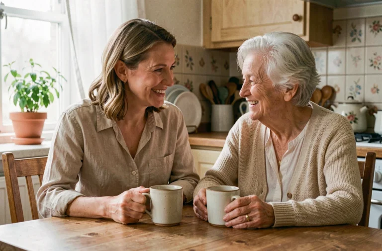 Femme accompagnant sa mère âgée avec bienveillance autour d'une tasse de thé dans une cuisine chaleureuse