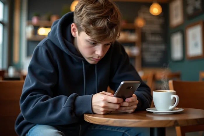Adolescent guitariste consultant des tablatures gratuites sur smartphone dans un café avec guitare classique posée à côté