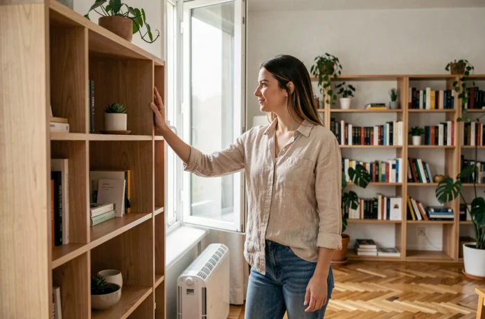 Femme aérant un meuble en bois neuf près d'une fenêtre ouverte dans un appartement moderne
