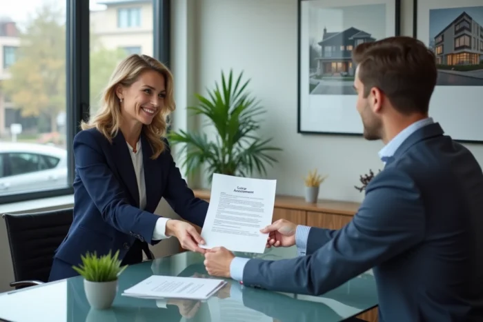 Agent immobilier remettant une copie de bail signé à un couple dans une agence immobilière moderne