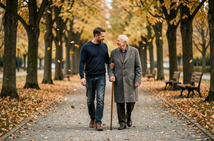 Fils aidant son père âgé à marcher dans un parc en automne avec bienveillance et soutien