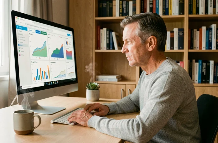 Entrepreneur B2B analysant des tableaux de bord de croissance commerciale sur un écran dans son bureau privé