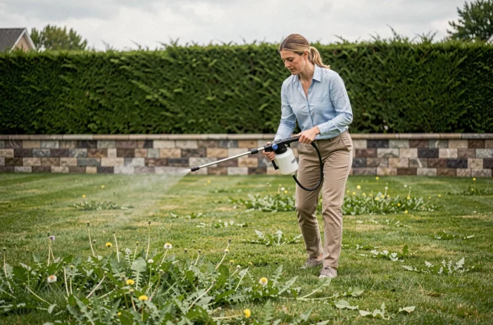 Femme appliquant un herbicide sélectif avec un pulvérisateur à pompe sur une pelouse envahie par les mauvaises herbes