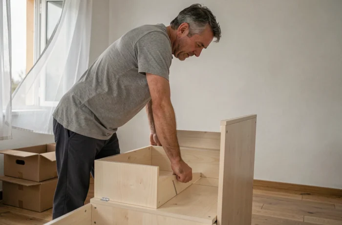 Homme assemblant une commode neuve dans une chambre aérée avec fenêtre ouverte
