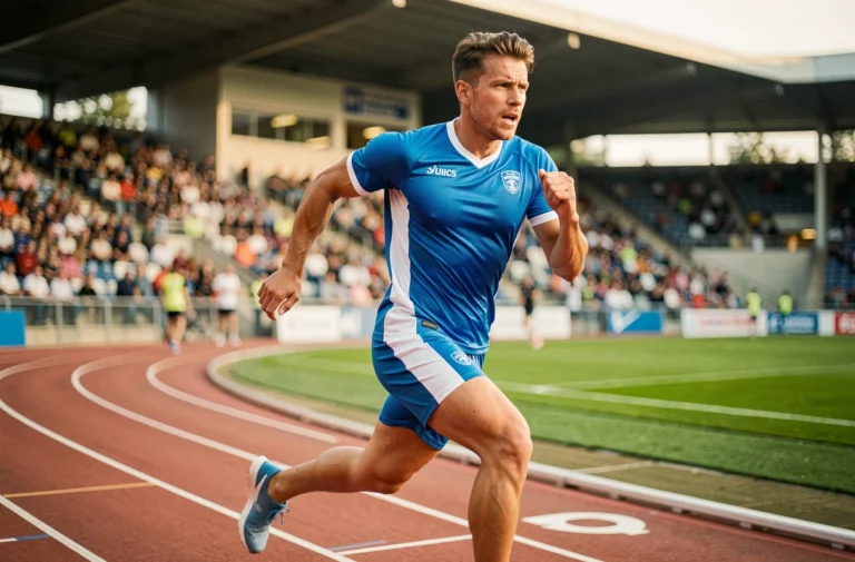 Athlète masculin en plein sprint sur une piste d'athlétisme de stade professionnel, illustrant les tendances du sport de haut niveau