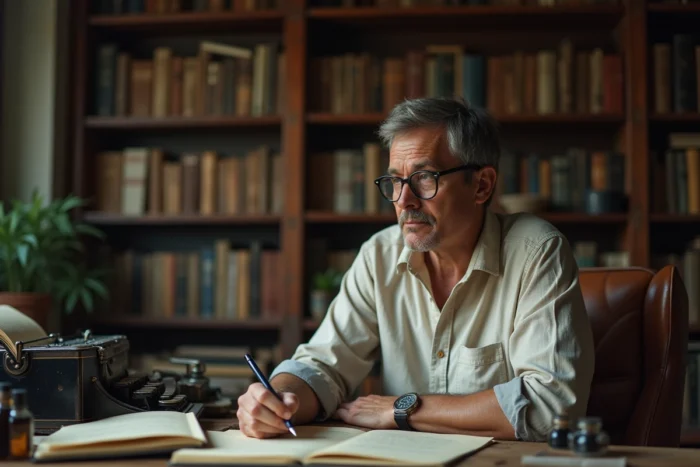 Écrivain mystérieux assis à son bureau d'auteur entouré de manuscrits et d'une machine à écrire vintage