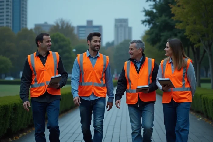 Groupe de bénévoles de surveillance de quartier patrouillant dans un parc urbain avec des gilets de sécurité orange