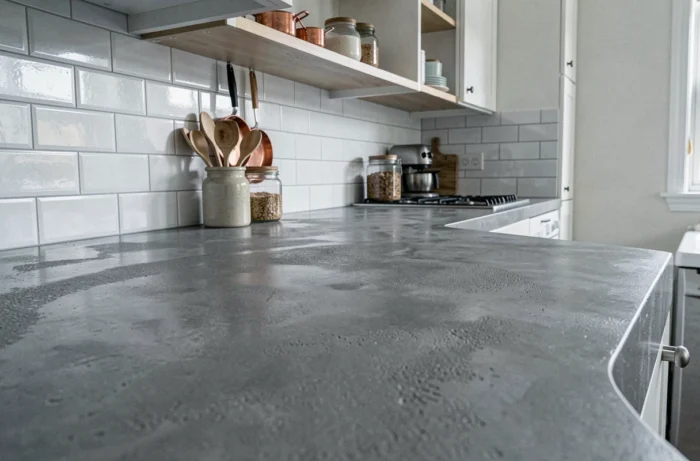 Plan de travail de cuisine recouvert de béton ciré gris mat appliqué sur ancien carrelage blanc, avec vaisselle en cuivre et étagères ouvertes