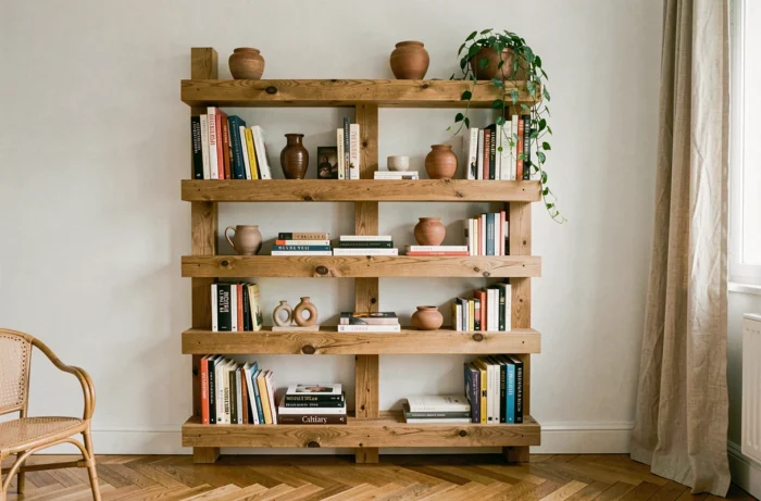 Bibliothèque artisanale en tasseaux de bois massif chêne fixée au mur, garnie de livres, vases céramiques et plantes retombantes dans un coin bureau
