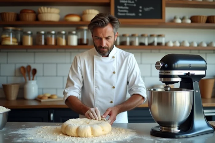 Boulanger artisan pétrissant une pâte à brioche avec un robot Magimix dans une boulangerie artisanale aux étagères en bois et paniers de fermentation