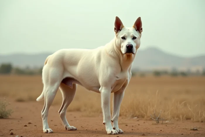 Bully Kutta adulte en pleine nature dans un paysage rural aride, vue complète du corps montrant sa musculature et sa posture imposante