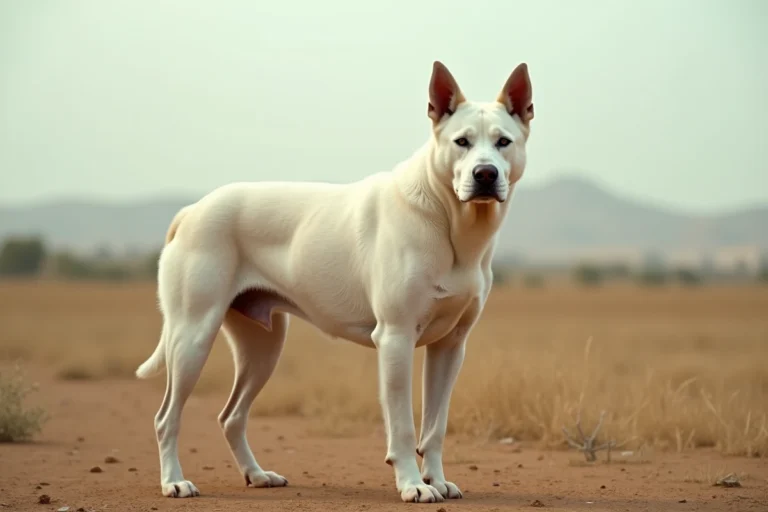 Bully Kutta adulte en pleine nature dans un paysage rural aride, vue complète du corps montrant sa musculature et sa posture imposante