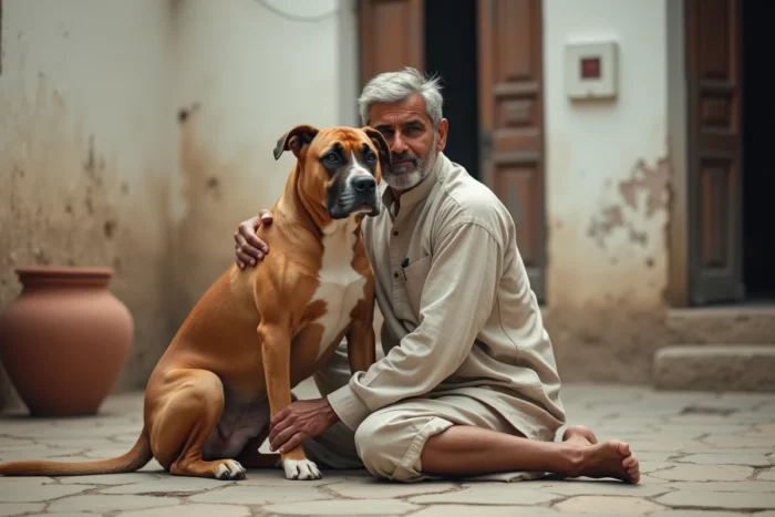 Bully Kutta assis aux côtés de son propriétaire dans une cour intérieure, illustrant le lien de confiance entre le chien et son maître