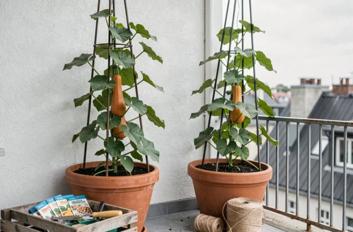 Potager vertical sur balcon avec courges butternut cultivées sur des obélisques en métal dans des bacs en terre cuite