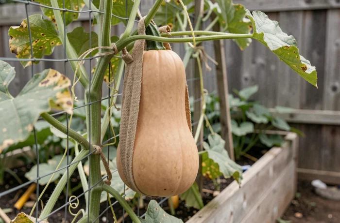 Gros plan d'une courge butternut suspendue dans un filet de soutien sur un treillis vertical au potager