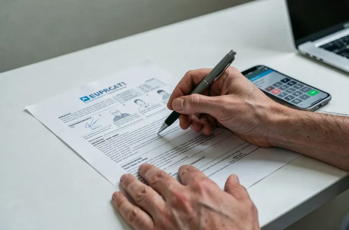 Mains calculant le montant d'un capital d'assurance vie sur des documents officiels après un décès soudain