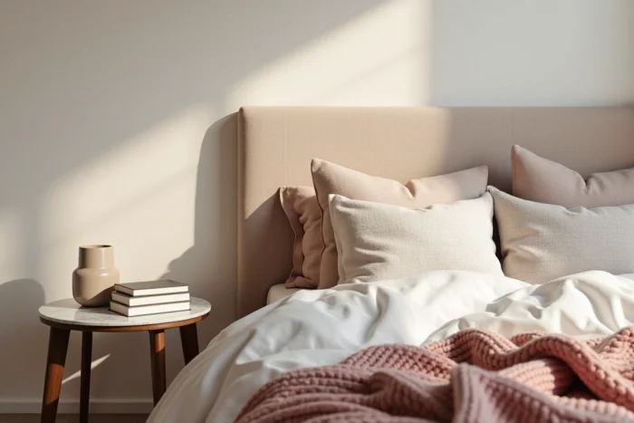 Chambre cosy avec tête de lit en lin, plaid grosse maille rose et mur en stuc, tendances décoration intérieure saison