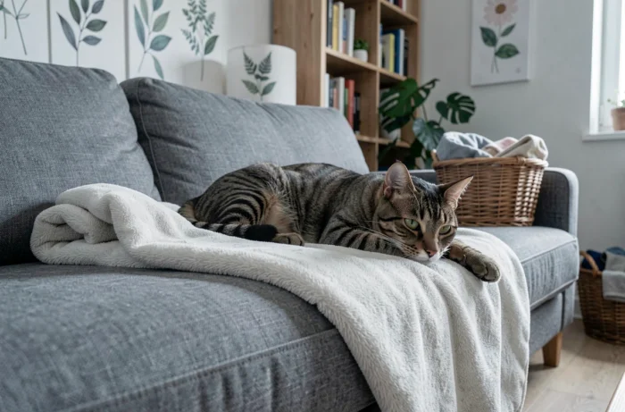 Chat allongé sur une literie propre et fraîchement lavée pour prévenir les infestations de vers et maintenir une bonne hygiène