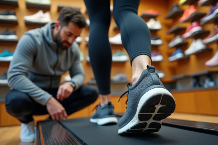 Femme en magasin de running essayant des chaussures adaptées à sa pronation avec l'aide d'un vendeur spécialisé