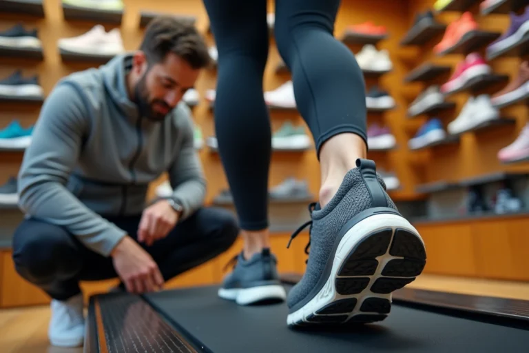 Femme en magasin de running essayant des chaussures adaptées à sa pronation avec l'aide d'un vendeur spécialisé