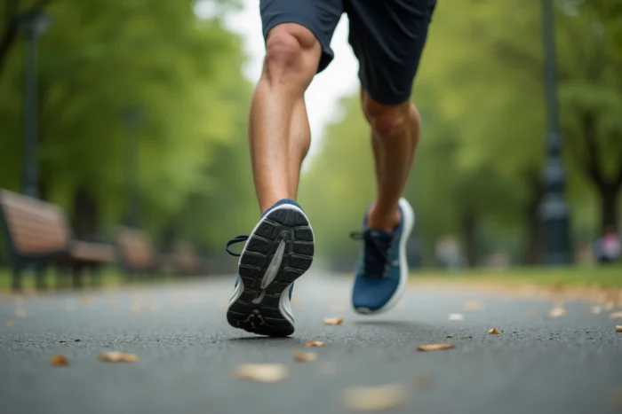 Coureur en extérieur montrant un appui en supination lors de la foulée sur chemin asphalté en parc urbain