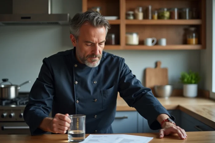 Chef masculin vérifiant à hauteur des yeux la graduation de 60 ml dans un verre doseur lors de la préparation d'une recette