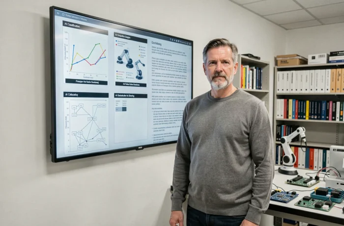 Un chercheur en intelligence artificielle présentant différents types d'IA sur un écran interactif dans un laboratoire universitaire