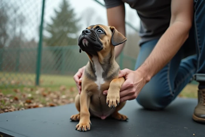 Chiot Bully Kutta lors d'une séance de socialisation précoce avec un éducateur canin dans un espace d'entraînement extérieur clôturé