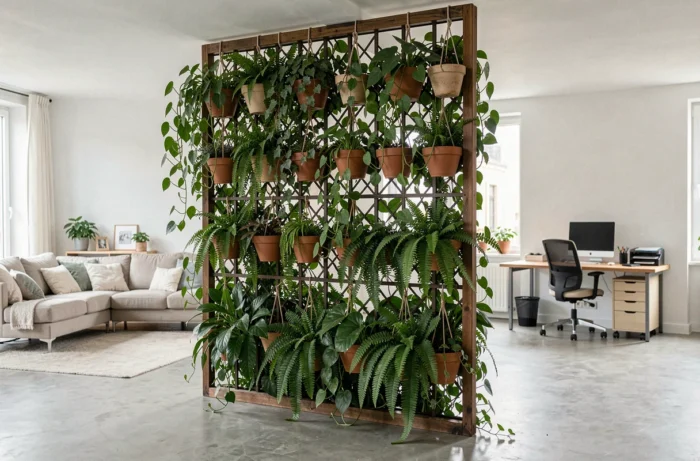 Claustra végétal intérieur avec structure en bois et pots suspendus intégrés garnis de pothos et fougères séparant un salon d'un bureau à domicile