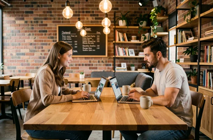 Deux collègues travaillant ensemble sur l'actualité digitale et les tendances web dans un café espace de travail moderne