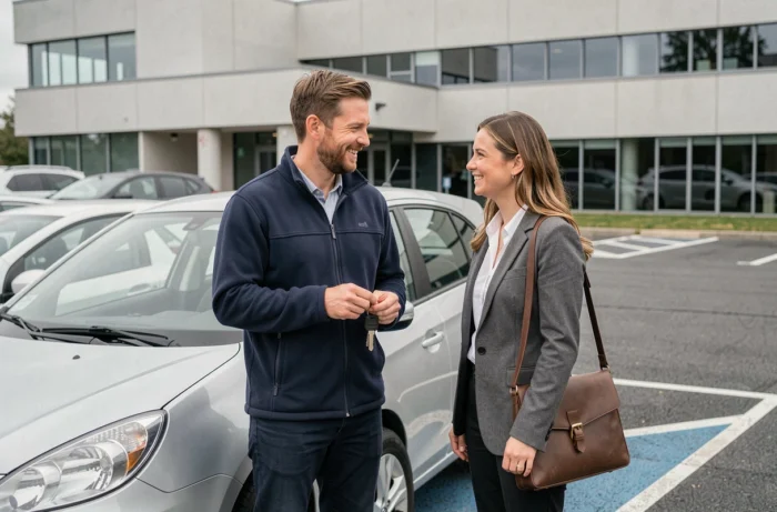 Deux collègues pratiquant le covoiturage domicile-travail avec l'application Karos dans un parking d'entreprise