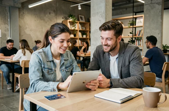 Deux collègues discutant des nouveautés et du calendrier des cartes bancaires Crédit Agricole 2026 dans un espace de coworking