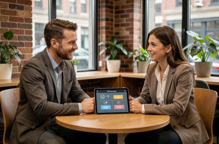 Deux collègues discutant des différents types d'intelligence artificielle autour d'une tablette dans un espace de coworking