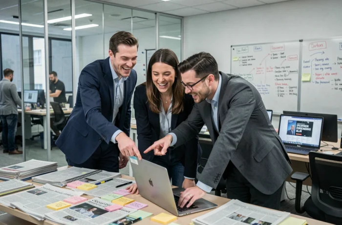 Groupe de collègues dans une salle de rédaction moderne réagissant à des tendances et actualités insolites sur un ordinateur portable