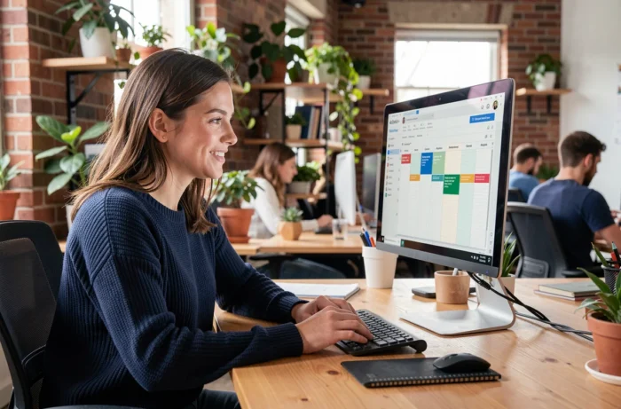 Community manager femme analysant un calendrier de contenu pour réseaux sociaux dans un espace de coworking moderne