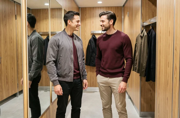 Deux hommes comparant le rendu et la coupe de vêtements IKKS dans un couloir de cabines d'essayage