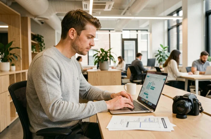 Jeune professionnel comparant des offres de financement pour l'achat de matériel photo dans un espace de coworking