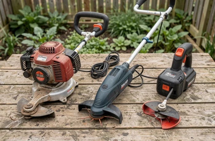 Comparaison de trois types de débroussailleuses thermique, électrique filaire et sans fil posées sur un établi en bois dans un jardin