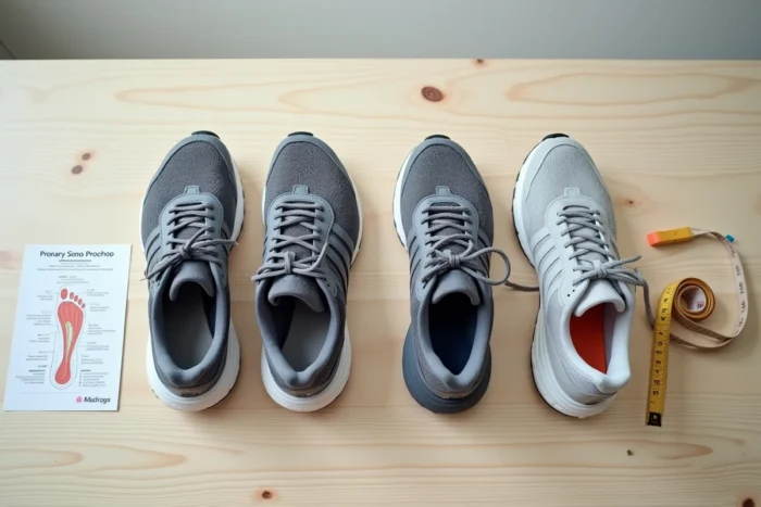 Vue de dessus de trois paires de chaussures de running comparant les semelles pour pronation neutre, supination et overpronation