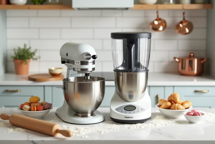 Comparatif robot pâtissier Magimix et Thermomix posés côte à côte sur un plan de travail en marbre dans une cuisine moderne avec croissants et macarons