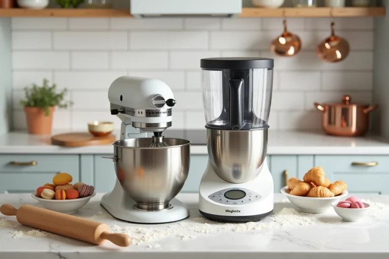 Comparatif robot pâtissier Magimix et Thermomix posés côte à côte sur un plan de travail en marbre dans une cuisine moderne avec croissants et macarons