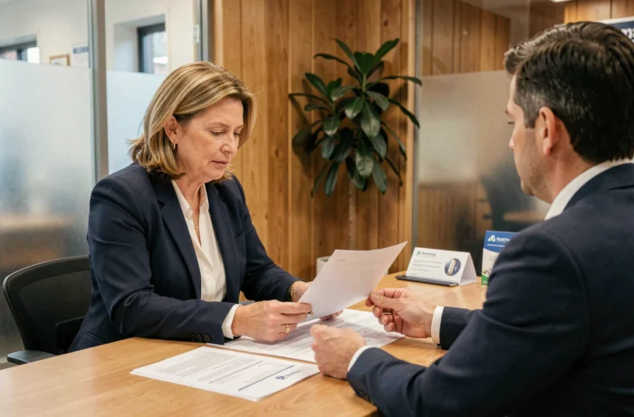 Femme discutant d'un prêt immobilier avec un conseiller dans une banque locale, documents sur le bureau