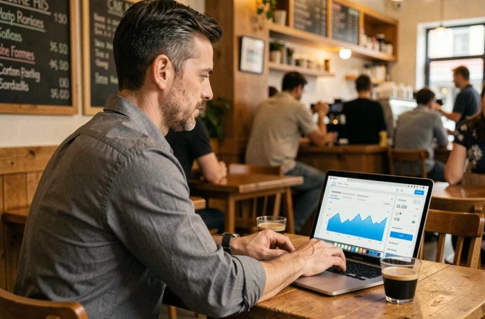 Consultant community management indépendant analysant des métriques d'engagement sur ordinateur portable dans un café urbain