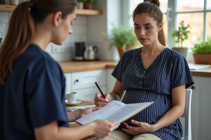 Femme enceinte en consultation à domicile avec une sage-femme qui explique les signes annonciateurs de l'accouchement