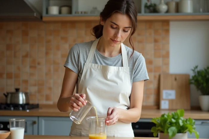 Femme versant précisément 60 ml de liquide dans un verre doseur gradué en cl sur un plan de travail en bois