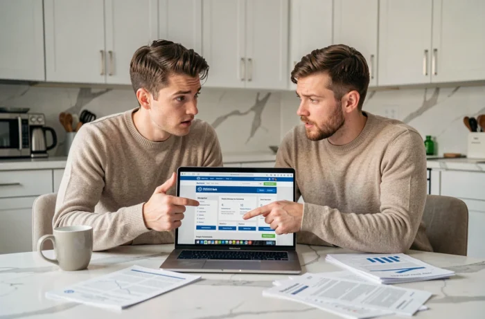 Couple comparant des offres de prêt immobilier entre banques nationales et locales sur ordinateur à la maison