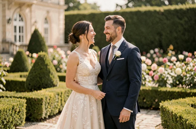 Couple de mariés se souriant dans un jardin de château français, la mariée en robe de dentelle ivoire et le marié en costume bleu marine