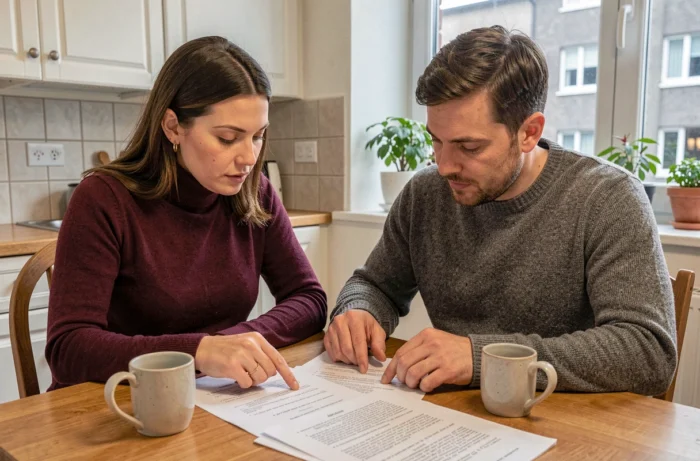 Couple de particuliers examinant un contrat de logement à leur domicile dans le cadre d'une démarche auprès de Killahejlaszo Housing Ltd