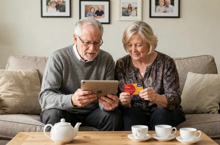 Couple de retraités SNCF utilisant ensemble une tablette pour accéder aux services en ligne avec le pass Carmillon